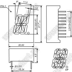 BJ8103EH индикатор светодиодный; 0.8"; 1-разр.; 16-сегм.; красный; общий катод