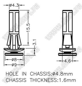 RAMD-15.5 фиксатор платы с защелкой в шасси; d отв.=4,8мм; t=1,6мм; нейлон-66; натуральный