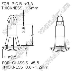 RCH-8 фиксатор платы с двумя защелками с двумя защелками; A=8,0мм; D=3,5мм; S=1,6мм; d отв.=5,5мм; t=0,8...1,2мм; нейлон-66; натуральный