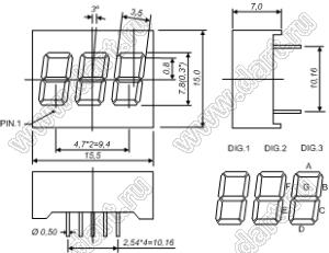 BJ3301AG индикатор светодиодный; 0.3"; 3-разр.; 7-сегм.; желто-зеленый; общий катод