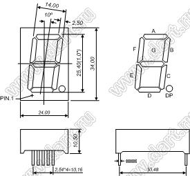 BJ10106KPG индикатор светодиодный; 1"; 1-разр.; 7-сегм.; зеленый; общий катод