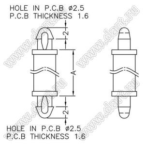 MADM-12.7 фиксатор платы с двумя защелками; A=12,7мм; dп=2,5мм; s=1,6мм; d отв.=2,5мм; t=1,6мм; нейлон-66 (UL); натуральный