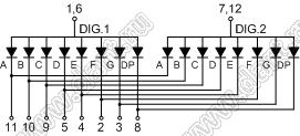 BJ3262BG индикатор светодиодный; 0.36"; 2-разр.; 7-сегм.; желто-зеленый; общий анод