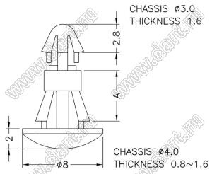 RCA-4 фиксатор платы с двумя защелками; A=4,0мм; D=3,0мм; S=1,6мм; 4,0; t=0,8...1,6мм; нейлон-66; натуральный