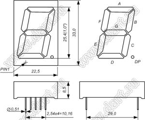 BJ10102BE индикатор светодиодный; 1"; 1-разр.; 7-сегм.; оранжевый; общий анод