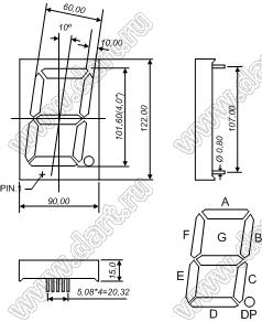 BJ40101EE индикатор светодиодный; 5"; 1-разр.; 7-сегм.; оранжевый; общий катод