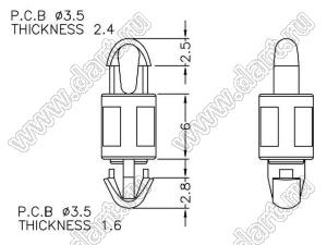 MAMDD-6 фиксатор платы с двумя защелками; dп=3,5мм; s=2,4мм; d отв.=3,5мм; t=1,6мм; нейлон-66 (UL); натуральный