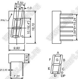 BJ4102FB индикатор светодиодный; 0.4"; 1-разр.; 7-сегм.; синий; общий анод