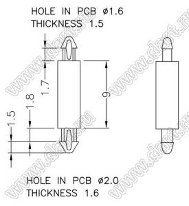 MAS-9 фиксатор платы с двумя защелками; dп=1,6мм; s=1,5мм; d отв.=2,0мм; t=1,6мм; нейлон-66 (UL); натуральный