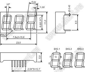 BJ3311AY индикатор светодиодный; 0.31"; 3-разр.; 7-сегм.; желтый; общий катод