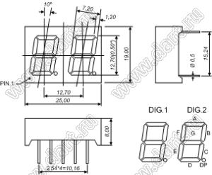 BJ5202CE индикатор светодиодный; 0.5"; 2-разр.; 7-сегм.; оранжевый; общий катод