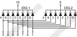 BJ3201AG индикатор светодиодный; 0.3"; 2-разр.; 7-сегм.; желто-зеленый; общий катод