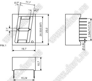 BJ8101AH индикатор светодиодный; 0.8"; 1-разр.; 7-сегм.; красный; общий катод