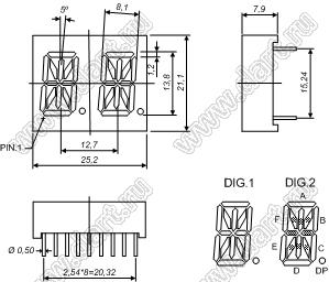 BJ5241BH индикатор светодиодный; 0.54"; 2-разр.; 14-сегм.; красный; ОА