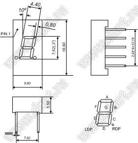 BJ3105CG индикатор светодиодный; 0.3"; 1-разр.; 7-сегм.; желто-зеленый; общий катод