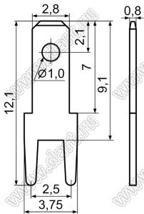 PC110-4 терминал 2,8 мм (0,110”) прямой для пайки в печатную плату; A=12,1мм; латунь никелированая; 0,5мм