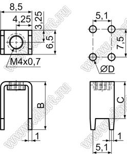 PCB-37M4 (PCB-015-M4, MY-015-M4) терминал винтовой для пайки в печатную плату; M4x0,7; латунь луженая; 1мм