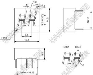 BJ3262DY индикатор светодиодный; 0.36"; 2-разр.; 7-сегм.; желтый; общий анод