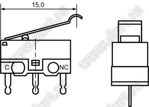 DM3-02P-30G микропереключатель концевой в плату с рычагом 15мм (30 гс); I=3А
