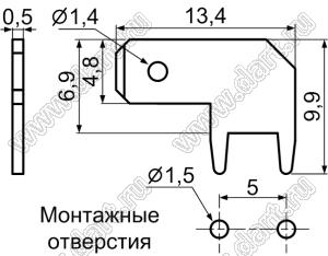PCF187(5) терминал ножевой 4,8 мм (0,187”) угловой для пайки в печатную плату; латунь луженая; 0,5мм
