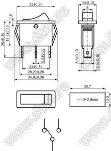 KCD3-A1-102O81BB переключатель клавишный ON-ON; 32,0х14,0мм; 15A/30A 250VAC; толкатель черный/корпус черный; без подсветки; без маркировки; терминалы 6,3x0,8мм