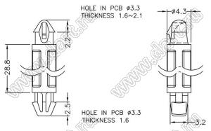 LCOA-28.8 фиксатор платы с двумя защелками; dп=3,3мм; s=1,6...2,1мм; d отв.=3,3мм; t=1,6мм; нейлон-66 (UL); натуральный