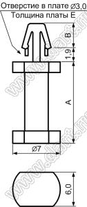 DCB-8.5D фиксатор платы с защелкой; dп=3,0мм; нейлон-66 (UL); натуральный; A=8,5мм; B=4,0мм; E=1,2...1,6мм; s=Eмм