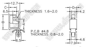 ULCF-8 фиксатор платы с двумя защелками; A=8,0мм; B=12,7мм; C=9,0мм; D=8,0мм; s=1,6...2,0мм; d отв.=4,8мм; t=0,8...2,0мм; нейлон-66 (UL); натуральный