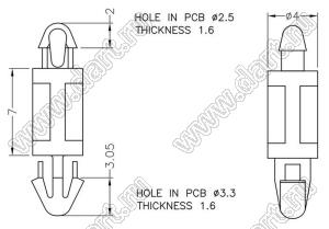LCMC-7 фиксатор платы с двумя защелками; dп=2,5мм; s=1,6мм; d отв.=3.3мм; t=1,6мм; нейлон-66 (UL); натуральный