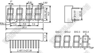 BJ3461JPG индикатор светодиодный; 0.36"; 4-разр.; 7-сегм.; зеленый; общий анод