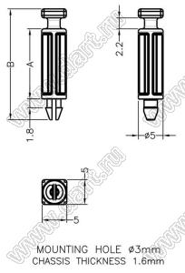 MSA-14.1 фиксатор платы с защелкой в шасси; A=14,1мм; B=22,3мм; d отв.=3,0мм; t=1,6мм; нейлон-66 (UL); натуральный