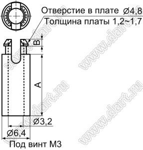 SS-10A фиксатор платы с защелкой и отверстием d=3.2 мм; A=9,5мм; B=1,7мм; dп=4,8мм; s=1,2…1,7мм; нейлон-66 (UL); натуральный