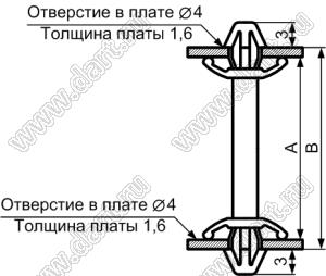 CBLSS-8 фиксатор платы с двумя защелками; A=8,0мм; dп=4,0мм; s=1,6мм; d отв.=4,0мм; t=1,6мм; нейлон-66 (UL); натуральный