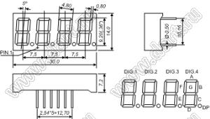 BJ3461AG индикатор светодиодный; 0.36"; 4-разр.; 7-сегм.; желто-зеленый; общий катод