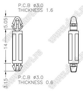 LCGA-14S фиксатор платы с двумя защелками; dп=3,0мм; s=1,6мм; d отв.=3,0мм; t=1,6мм; нейлон-66 (UL); натуральный