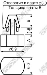 DCB-3.5D фиксатор платы с защелкой; A=3,5мм; B=4,0мм; E=1,2...1,6мм; dп=3,0мм; s=Eмм; нейлон-66 (UL); натуральный