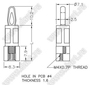 BSCM4-25.4 фиксатор платы с защелкой и отверстием с резьбой М4; A=25,4мм; dп=Фиксатор платы с защелкой и отверстием с резьбой М4мм; s=4,0мм; нейлон-66 (UL); натуральный