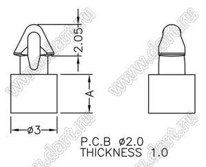 MA-3S-1 фиксатор платы с защелкой в плату; A=3,0мм; dп=2,0мм; s=1,0мм; нейлон-66 (UL); натуральный