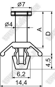 LASY-9.3 фиксатор платы с защелкой в шасси; A=9,3мм; B=12,1мм; d отв.=4,8мм; t=0,5...2,3мм; нейлон-66 (UL); натуральный