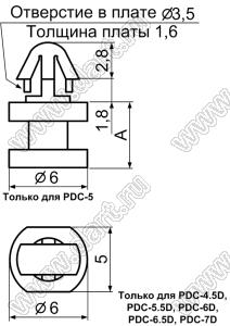 PDC-7D фиксатор платы с защелкой в плату; A=7,0мм; B=2,8мм; E=1,6мм; dп=3,5мм; s=Eмм; нейлон-66 (UL); натуральный