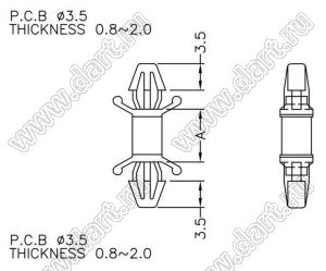 CBSS-4.8 фиксатор платы с двумя защелками; A=4,8мм; dп=3,5мм; s=0,8...2,0мм; d отв.=3,5мм; t=0,8...2,0мм; нейлон-66 (UL); натуральный