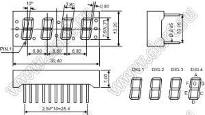 BJ3407FG индикатор светодиодный; 0.3"; 4-разр.; 7-сегм.; желто-зеленый; общий анод