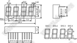 BJ3461CB индикатор светодиодный; 0.36"; 4-разр.; 7-сегм.; синий; общий катод