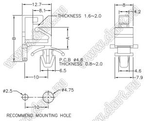 WLCF-12 фиксатор платы с двумя защелками; A=12,7мм; B=23,2мм; s=1,6...2,0мм; d отв.=4,8мм; t=0,8...2,0мм; нейлон-66 (UL); натуральный