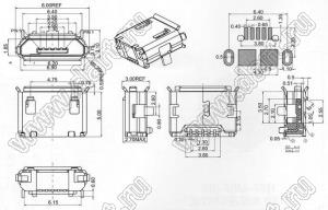 HW-MC-5F-03 розетка микро USB2.0 для поверхностного (SMD) монтажа, 5 конт.