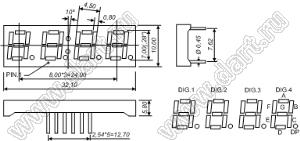 BJ2481AG индикатор светодиодный; 0.28"; 4-разр.; 7-сегм.; желто-зеленый; общий катод