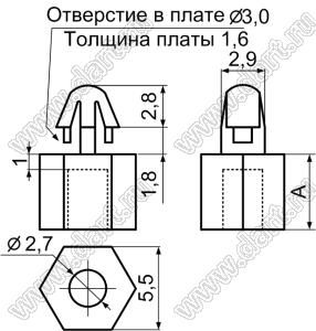 MAE-13 фиксатор платы с защелкой в плату и отверстием d=2,7 мм под саморез; A=13,0мм; dп=3,0мм; s=1,6мм; нейлон-66 (UL); натуральный