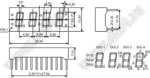 BJ3407DY индикатор светодиодный; 0.3"; 4-разр.; 7-сегм.; желтый; общий анод