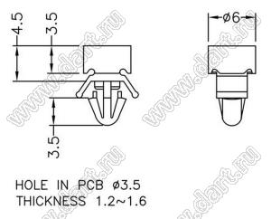 LASE-4.5 фиксатор платы с защелкой в шасси; A=4,5мм; B=3,5мм; d отв.=3,5мм; t=1,2...1,6мм; нейлон-66 (UL); натуральный