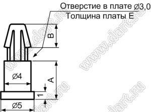 DCC-3.5 фиксатор платы с защелкой; A=3,5мм; B=3,05мм; E=1,2...1,6мм; dп=3,0мм; s=Eмм; нейлон-66 (UL); натуральный